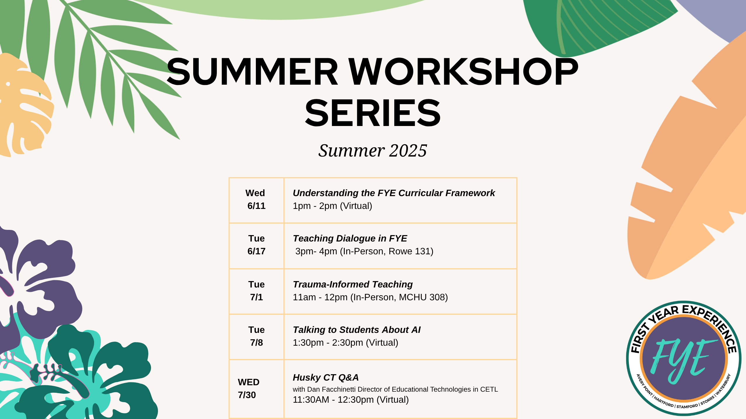 Summer Workshop series schedule